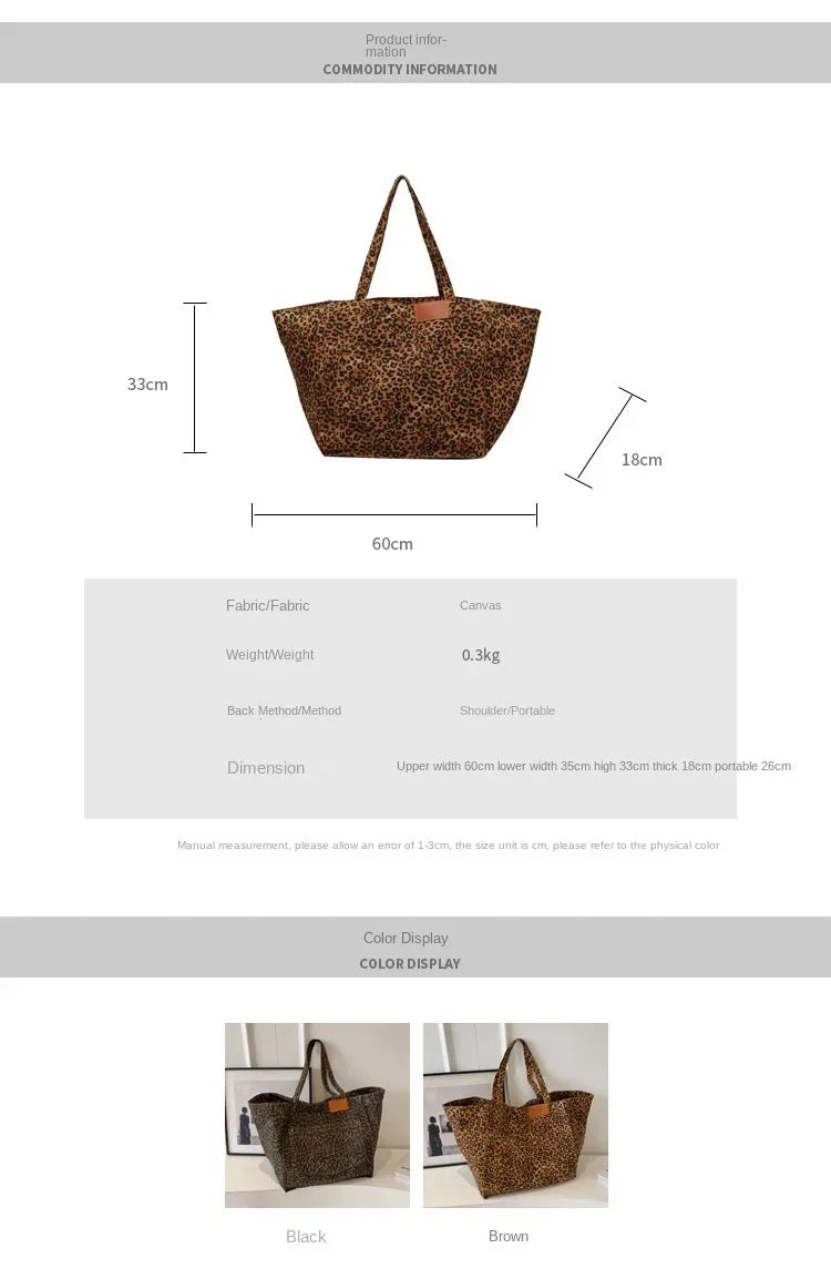 Oversized Leopard Print Shoulder Bag Women Canvas Large Capacity Shopping Tote