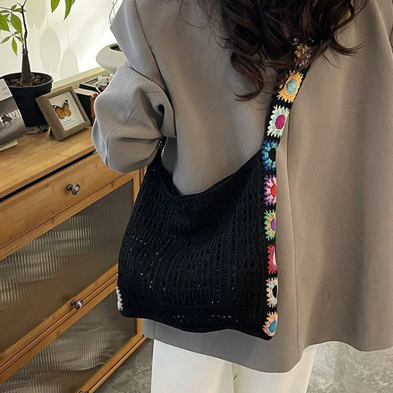 Large Capacity Boho Tote Bag Trendy Floral Crochet Vintage Multicolor Knitted Handbag