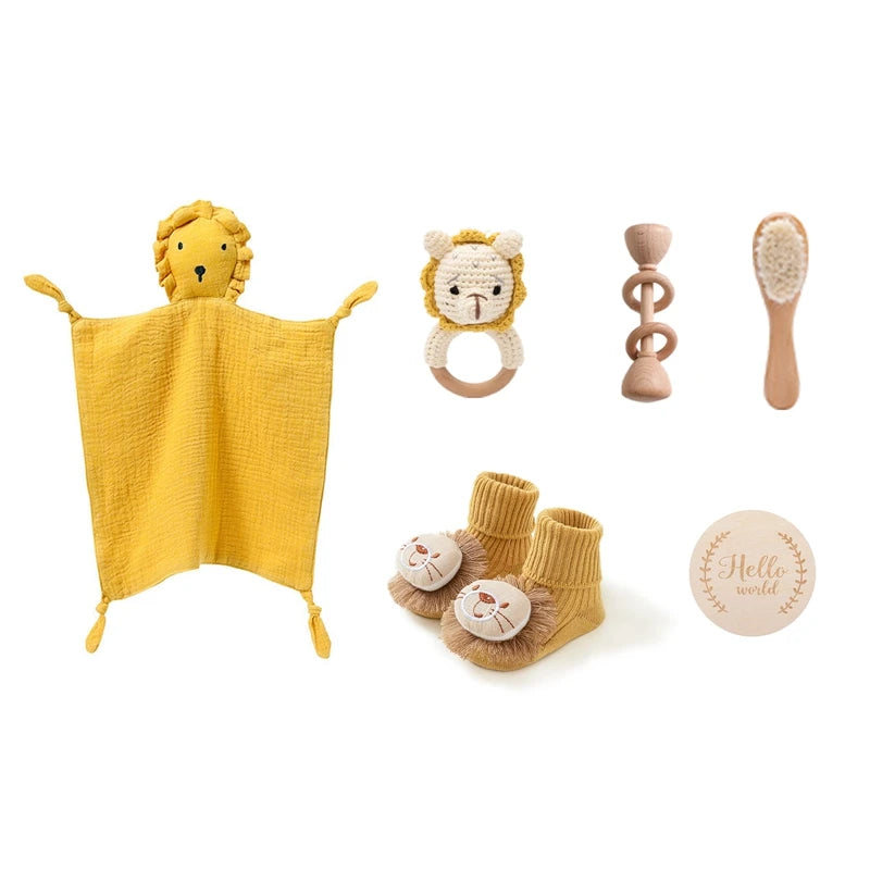 Baby Bath Set Cotton Blanket 7PCS Gift Box Wooden Crochet Rattle Brush Bracelet Towel For Baby Shower Gift