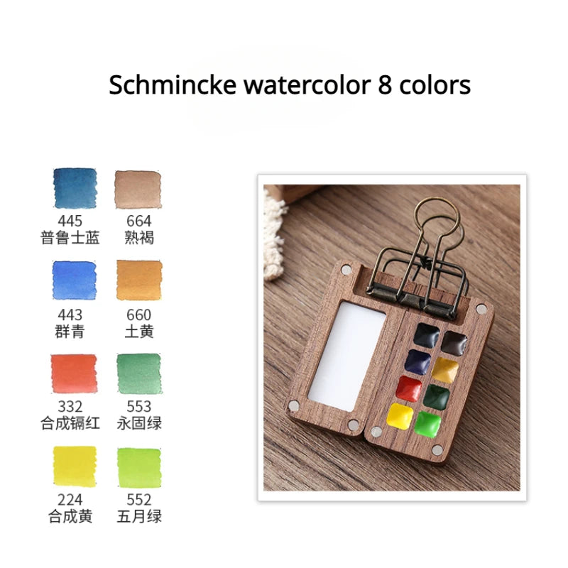Portable Travel Watercolor Set Schmincke 8 Colors Mini Walnut Paint Box Sketchbook Supplies