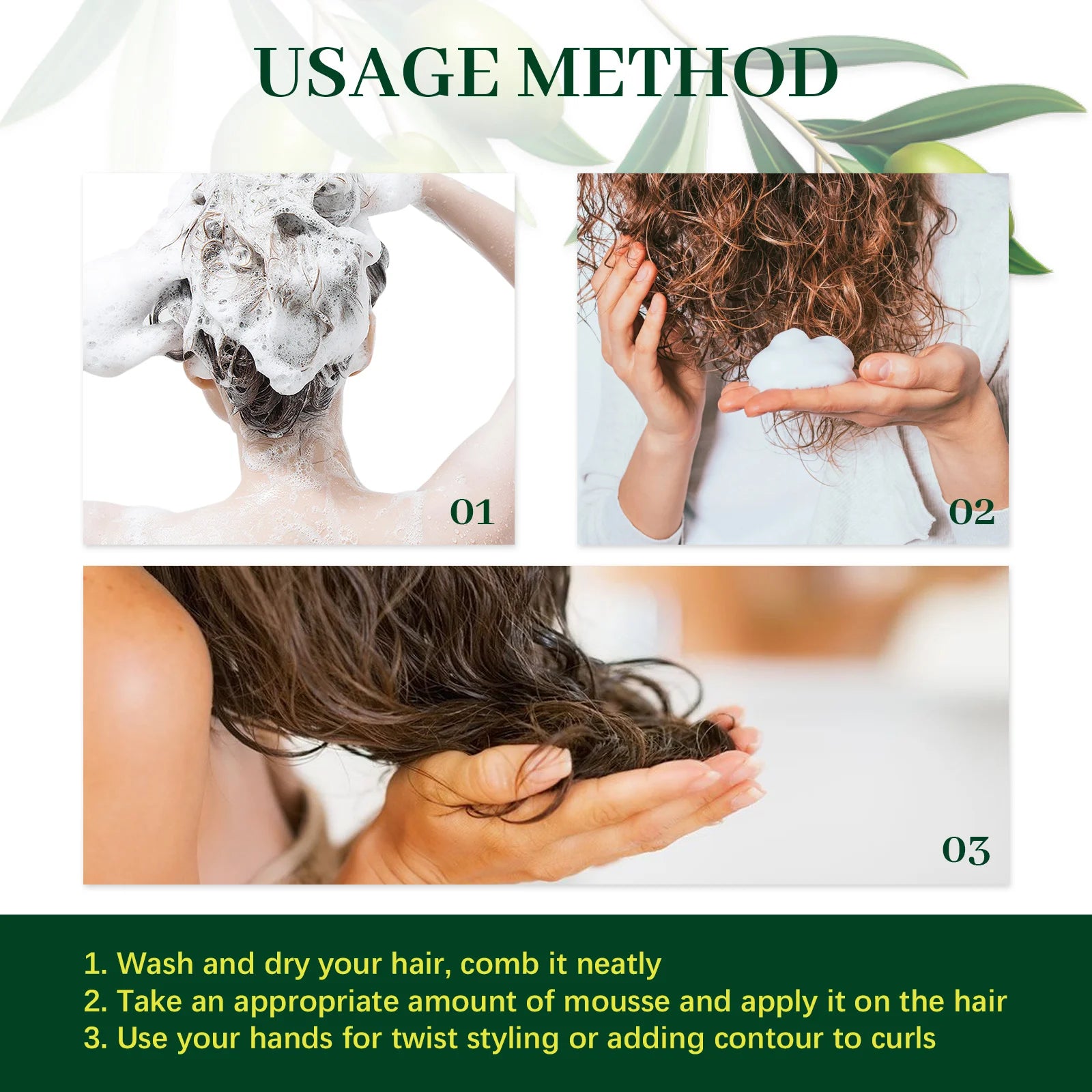 Olive Oil Hair Styling Mousse Long Lasting Reduces Frizz Prevents Breakage Maintains Curls