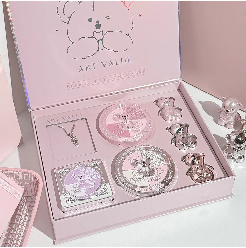 ART VALUE 7PC Makeup Set 3 Colors Lip Mud Pressed Powder Blush Eyeshadow Necklace