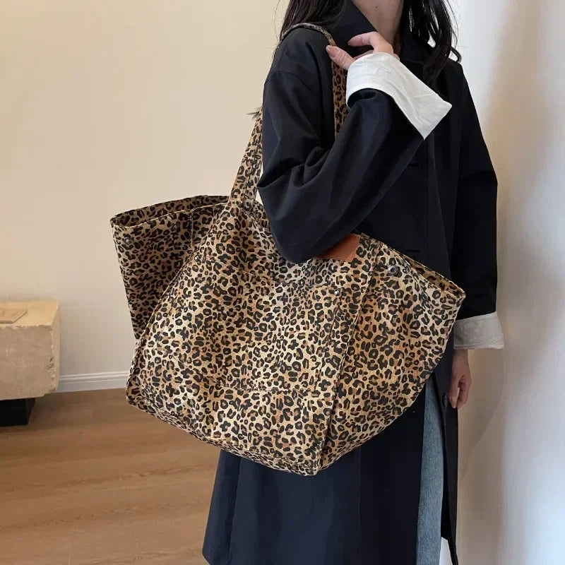 Oversized Leopard Print Shoulder Bag Women Canvas Large Capacity Shopping Tote