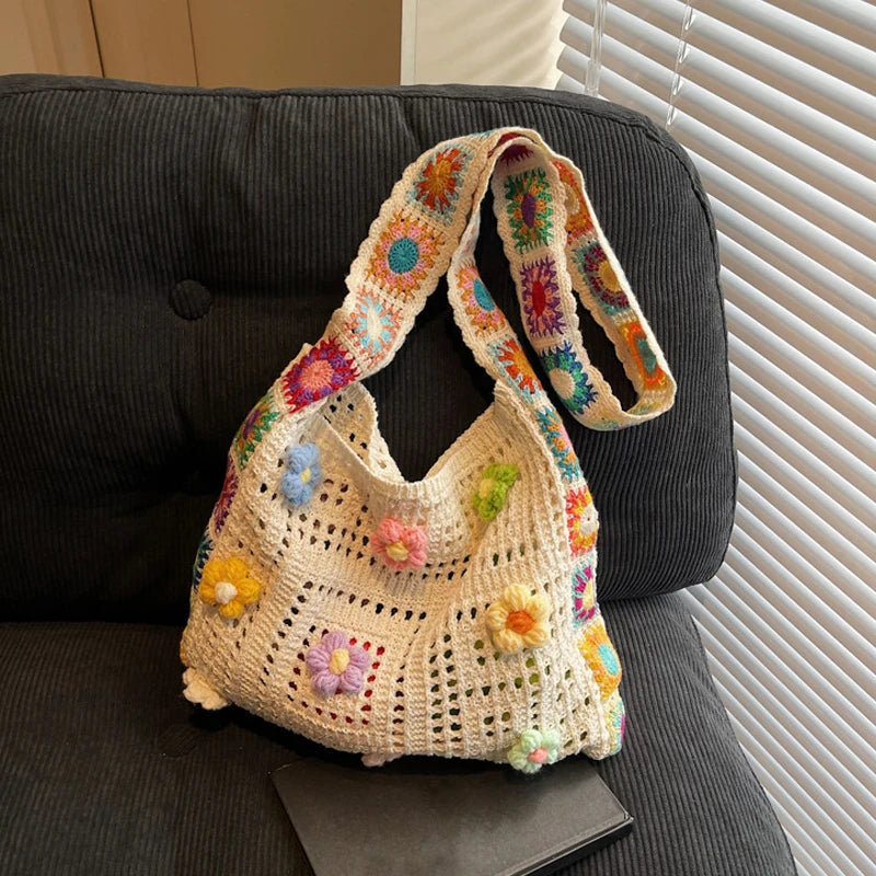 Large Capacity Boho Tote Bag Trendy Floral Crochet Vintage Multicolor Knitted Handbag