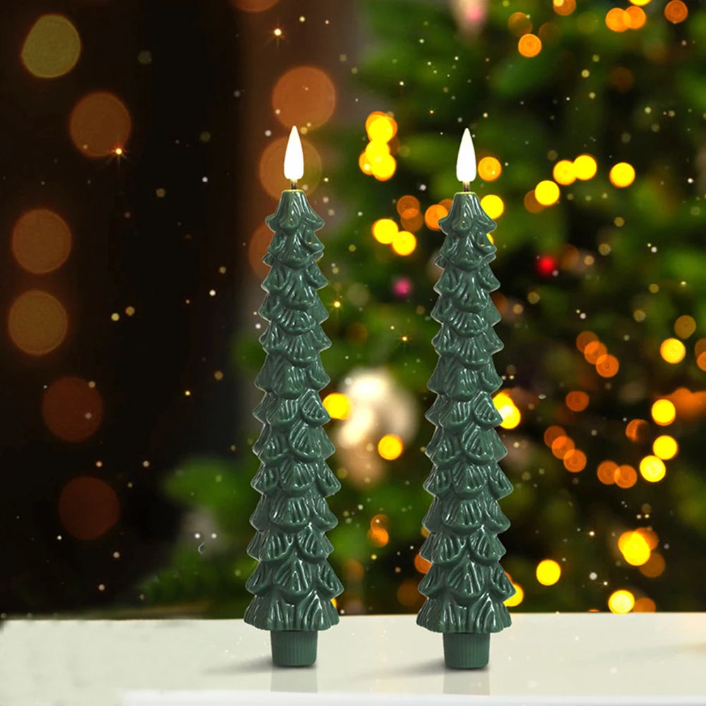2pc/4pcs Christmas Tree LED Flameless Candles 3D Flame Green Candlesticks Christmas
