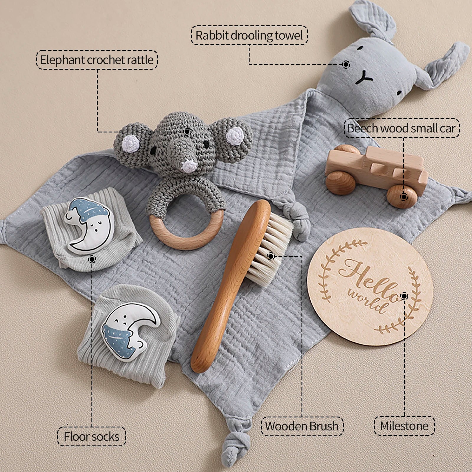 Baby Bath Set Cotton Blanket 7PCS Gift Box Wooden Crochet Rattle Brush Bracelet Towel For Baby Shower Gift