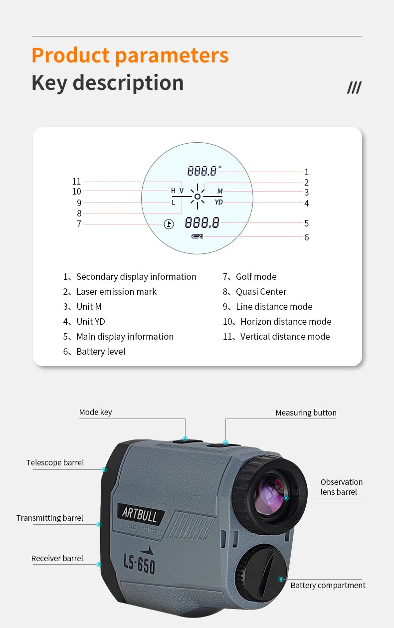 ARTBULL Laser Rangefinder Hunting Outdoor 1300yard 750yard 650m Golf Rangefinder with Flag-Lock Slope Adjusted Distance Meter