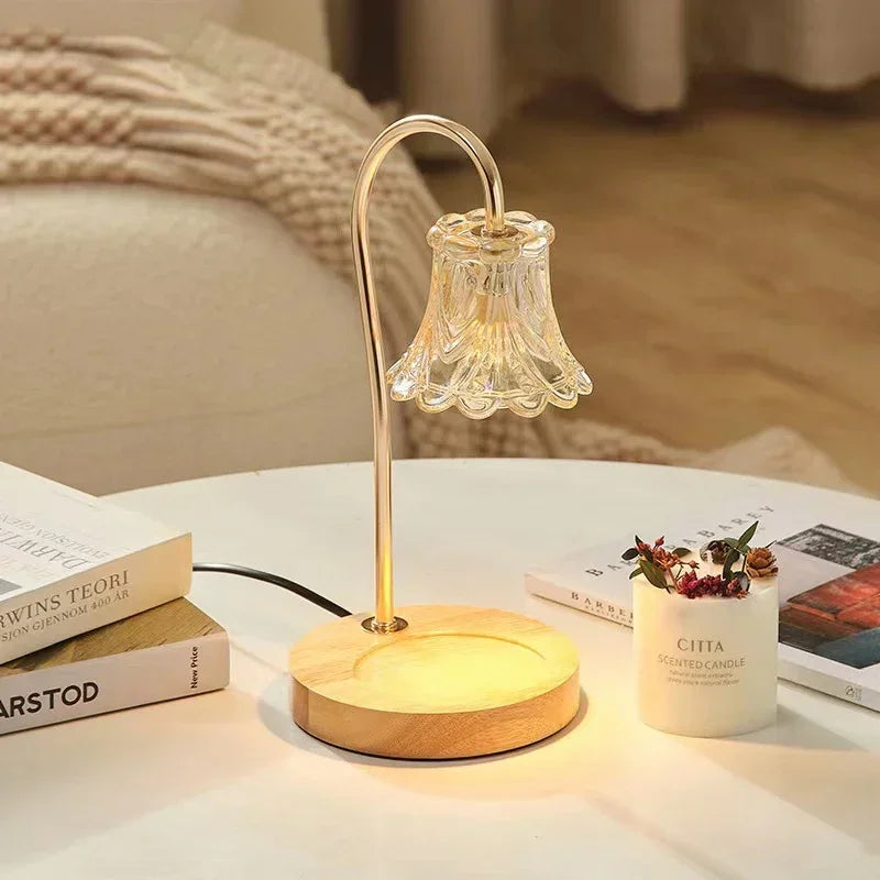 Candle Warmer Lamp 2 Bulbs Soft Brightness Ambiance Modern Glass Flower Wood Base
