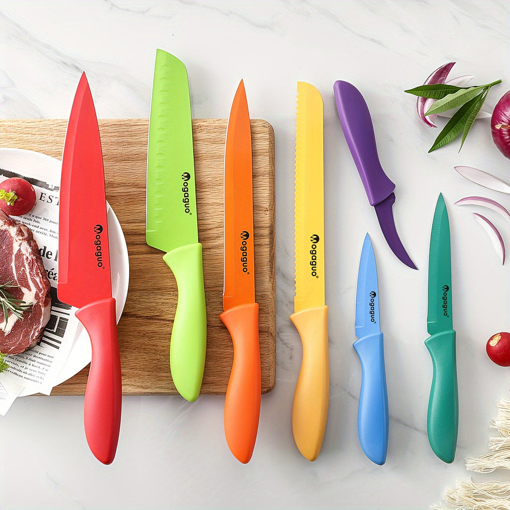 Kitchen Knife Set Dishwasher Safe Sharp Stainless Steel  Professional with Sheaths 14pcs Rainbow 7 Knives/7 Blade Guards Non Stick