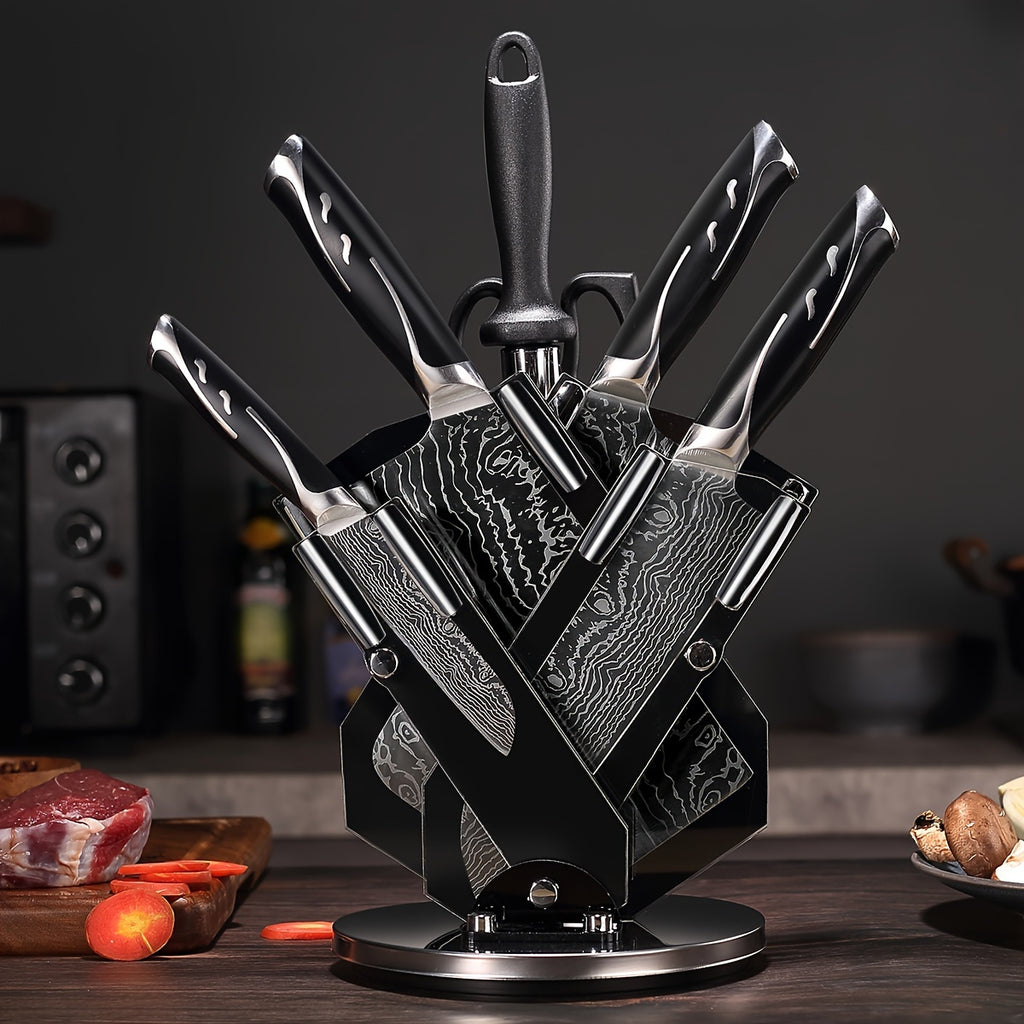 7pcs Damascus Pattern Stainless Steel Kitchen Knife Set with Universal Knife Holder