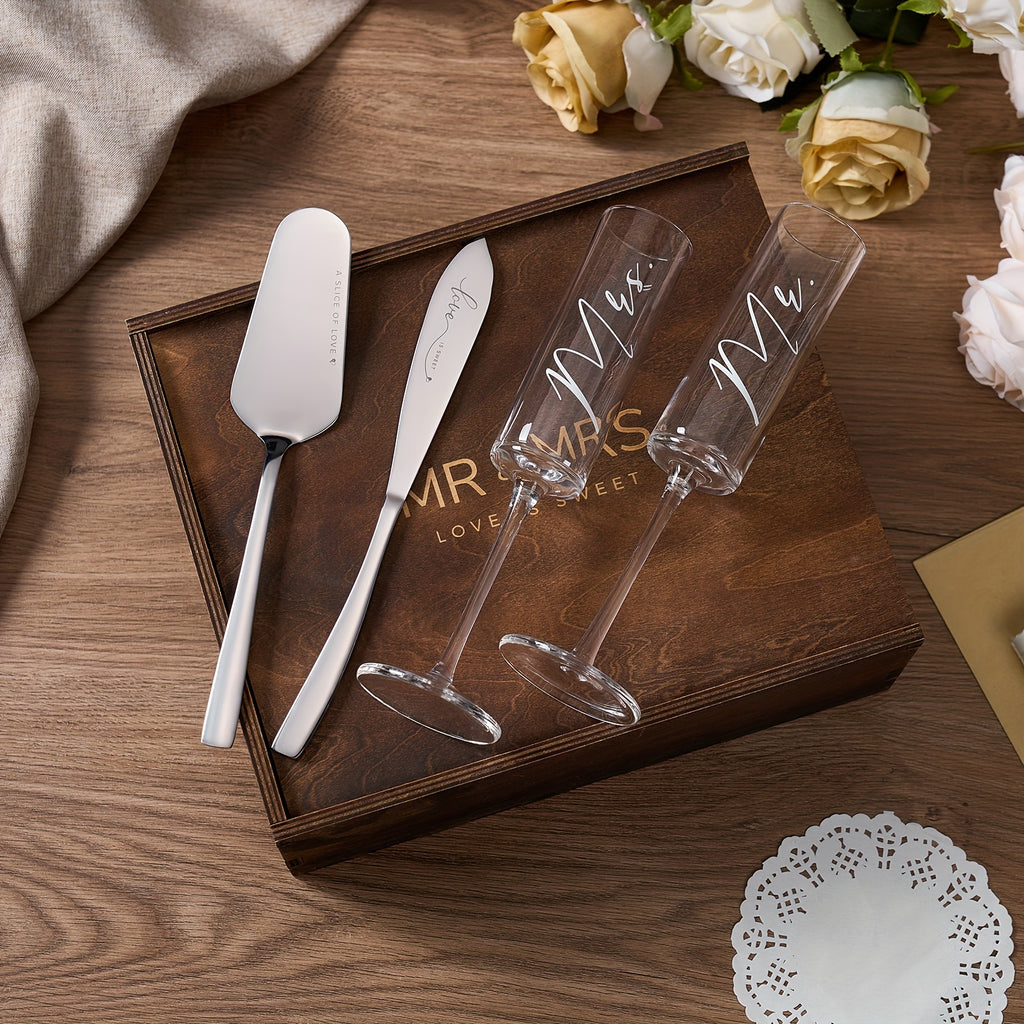 AW BRIDAL Champagne Flutes Bride and Groom Set of 2 Wedding Cake Knife Set Christmas Bridal Shower