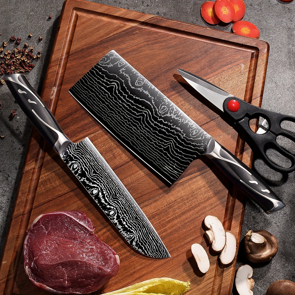 7pcs Damascus Pattern Stainless Steel Kitchen Knife Set with Universal Knife Holder