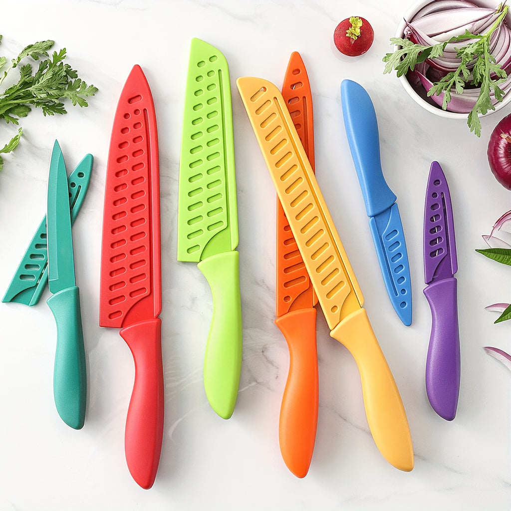 Kitchen Knife Set Dishwasher Safe Sharp Stainless Steel  Professional with Sheaths 14pcs Rainbow 7 Knives/7 Blade Guards Non Stick